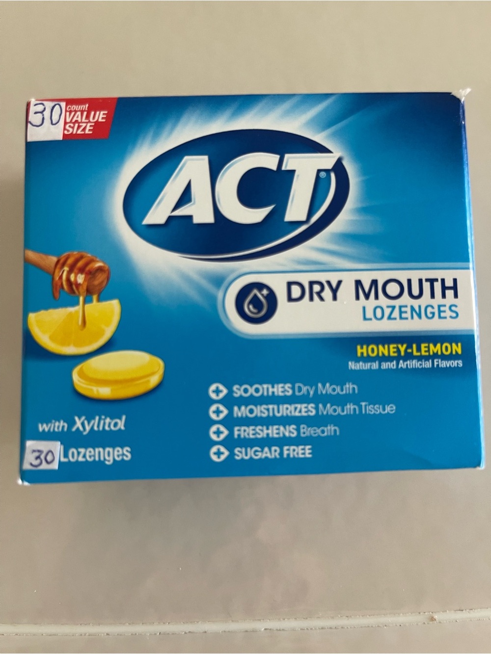 30 PCs. Dry Mouth Honey-Lemon Lozenges - Soothing Oral Relief ( New ) Open Box
